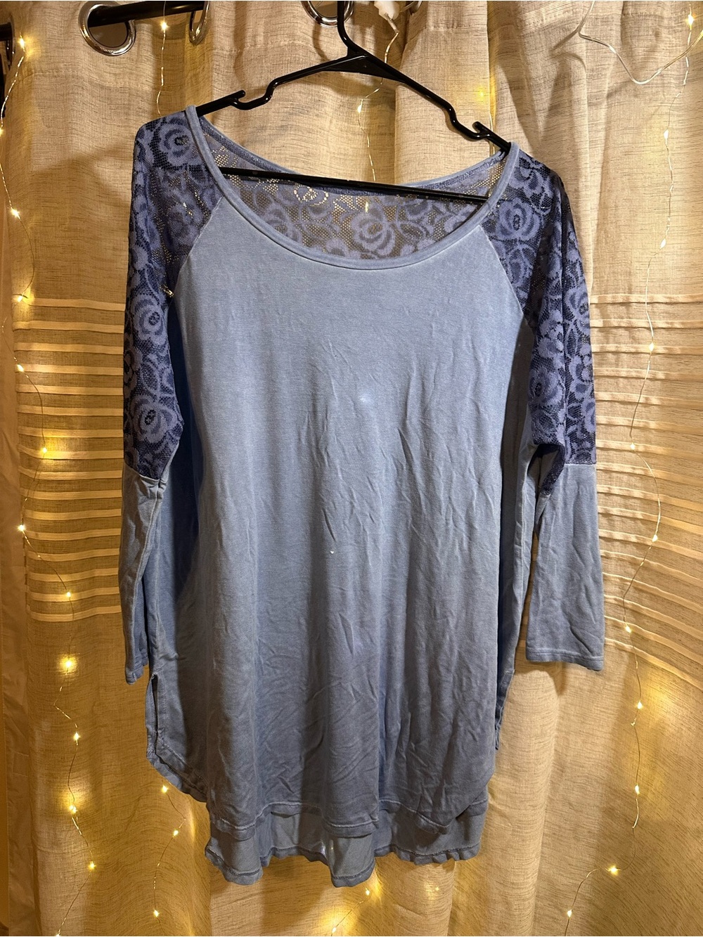 Arizona Jean Company Dusty Blue Lace Raglan Long Sleeve Top